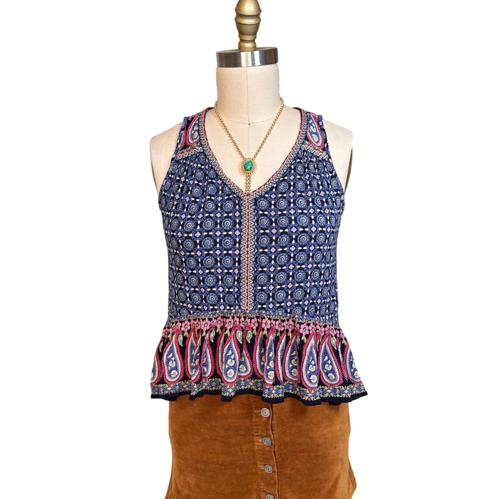 Boho Paisley Medallion Patrons of Peace Peplum Tank Top Medium Blue